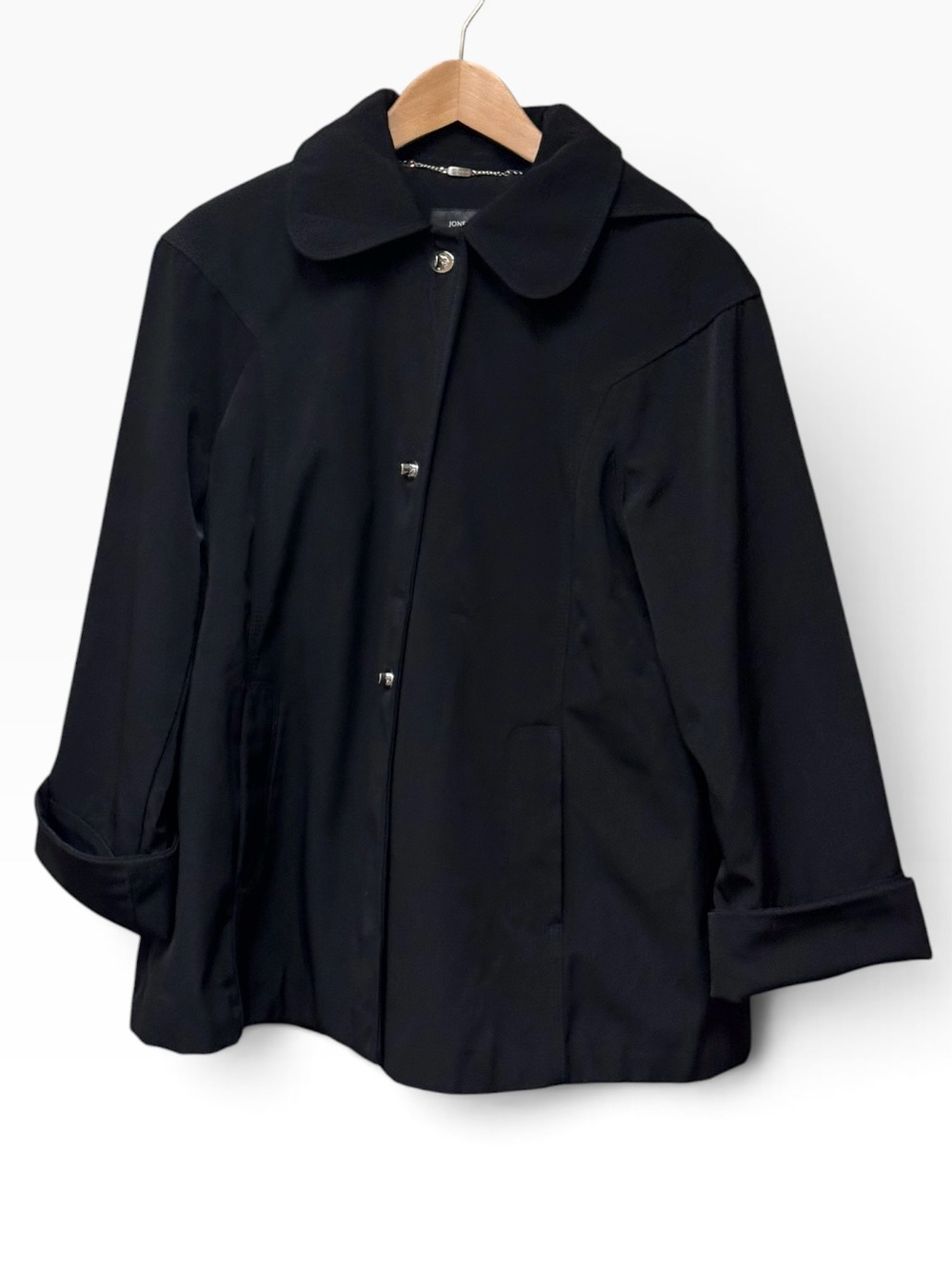Jones New York Black Turn-Lock Swing Jacket, Peter Pan Collar - Size Medium